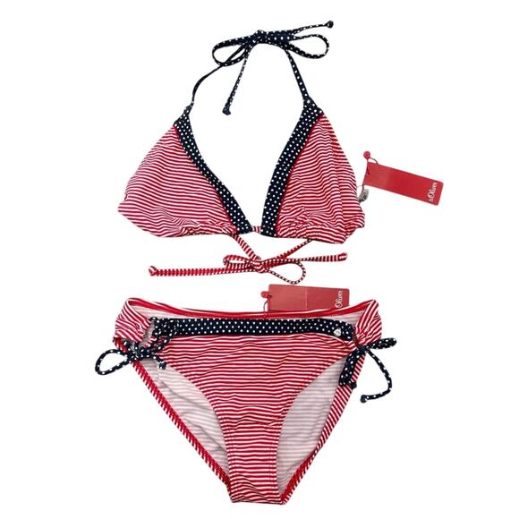 S. Oliver Bikini Two Piece Swimsuit String Tie Red Blue 38 C/D Bottoms 8 New - Picture 1 of 8